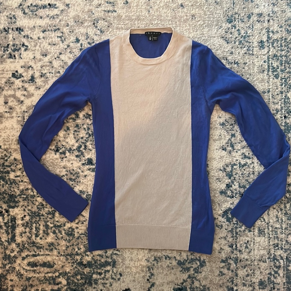 Theory 100% Wool Sweater Blue with Gray Stripe